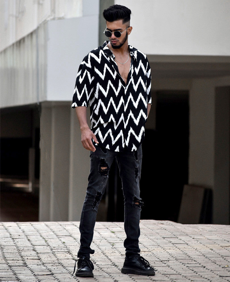 Black Zig Zag Lines Print Oversize Drop Shoulder Shirt