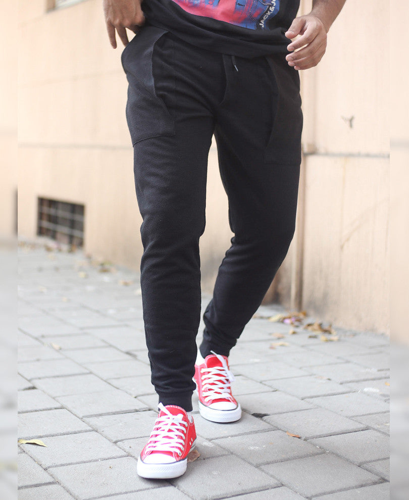 Black Plain With Back Zip Joggers
