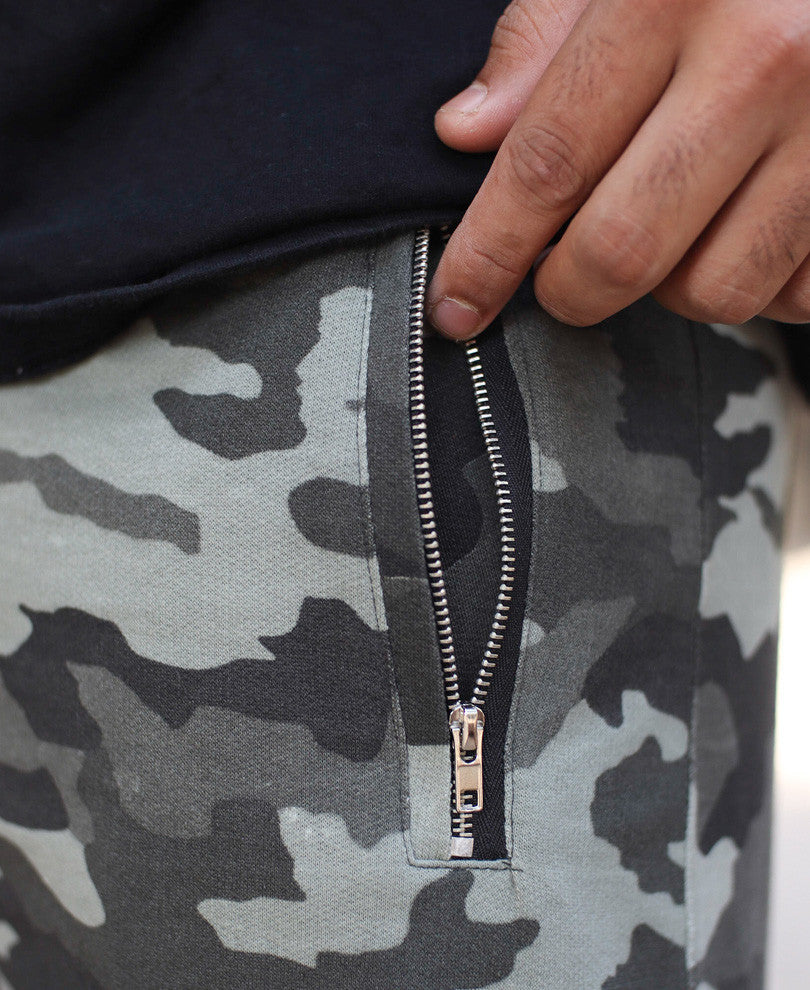 Olive Green With Side Zip Camouflage Shorts