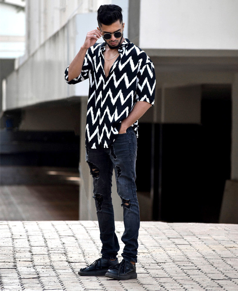 Black Zig Zag Lines Print Oversize Drop Shoulder Shirt