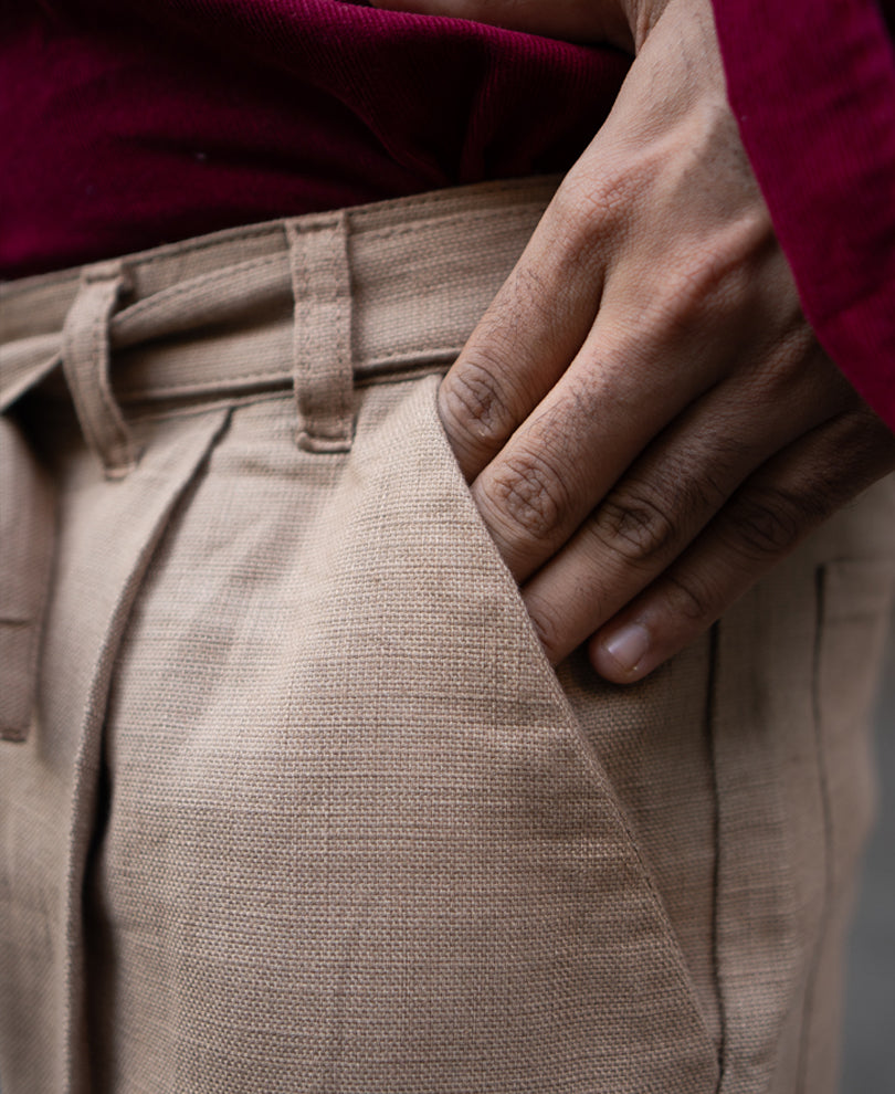 Beige Cotton Pant With Belt