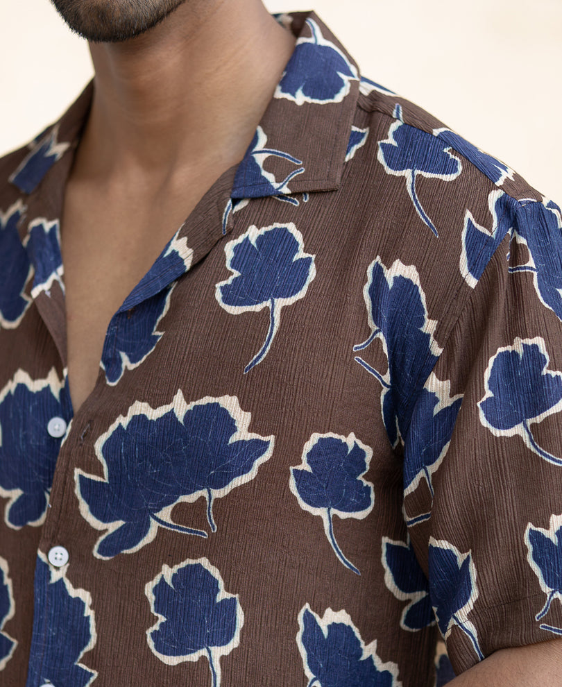 Brown Abstract Crinkled Regular Fit Half Sleeves Shirt