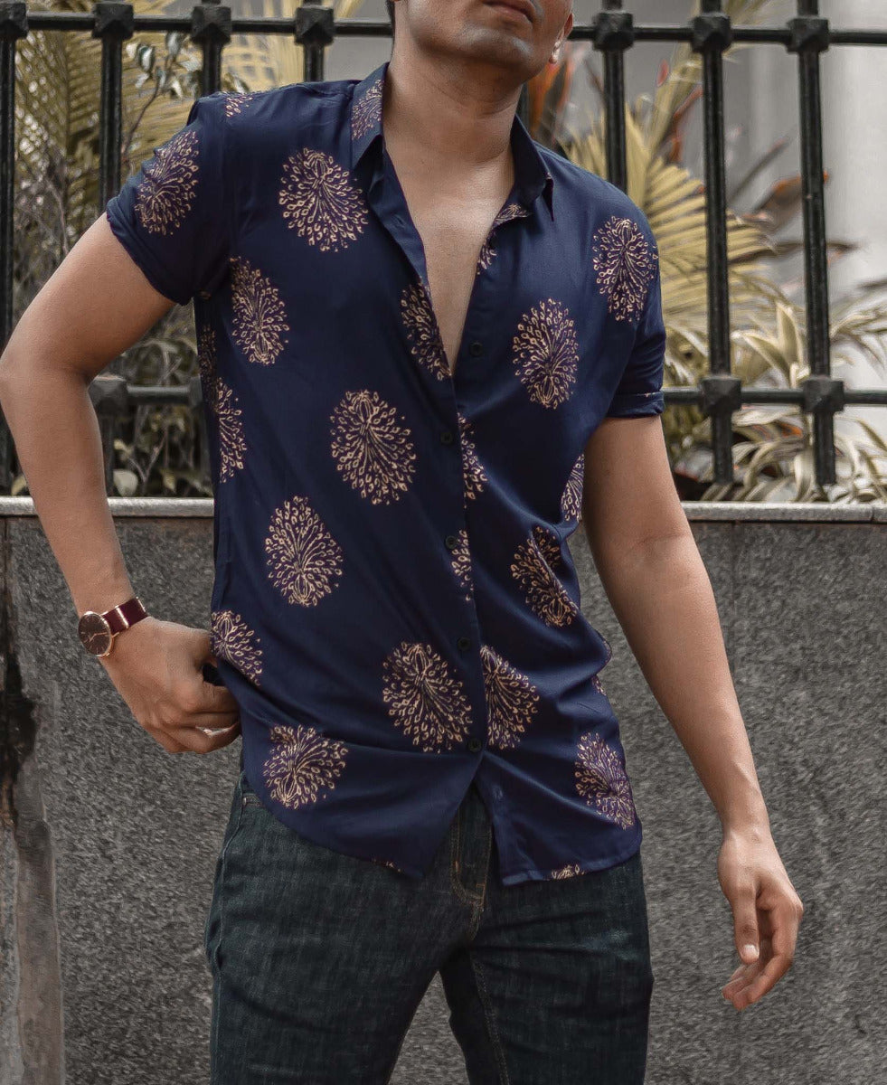 Urban Navy Blue Printed Half Sleeves Shirt