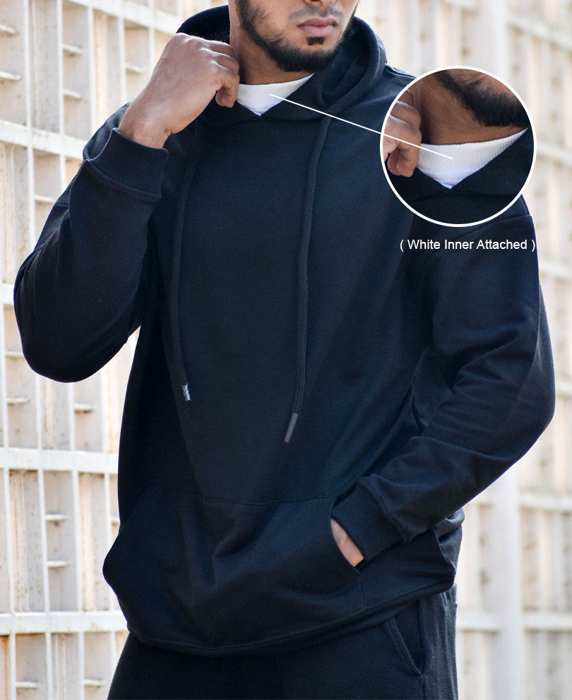 Black Plain Hood Full Sleeves T Shirt