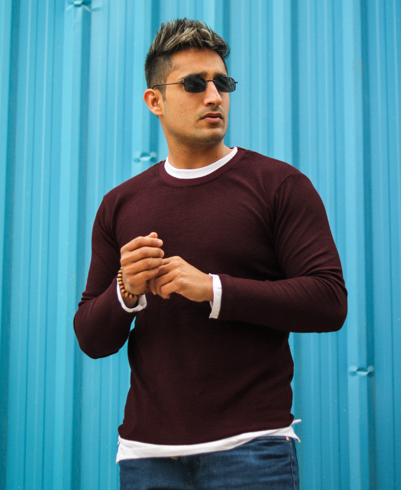 Maroon Double Crew Neck Full Sleeves T Shirt