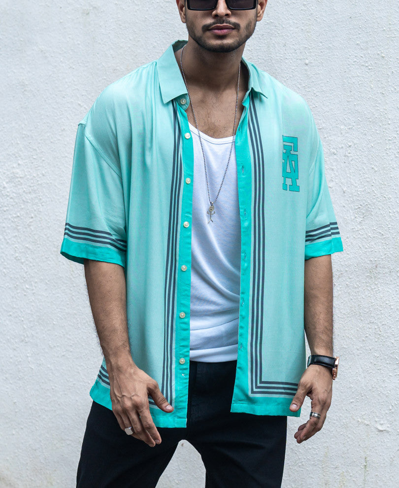 Mint Green Print Oversize Drop Shoulder Shirt