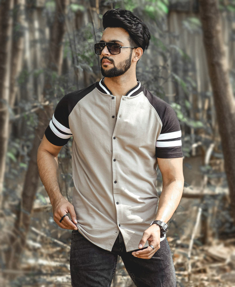 Beige Baseball Button Style Half Sleeves T Shirt