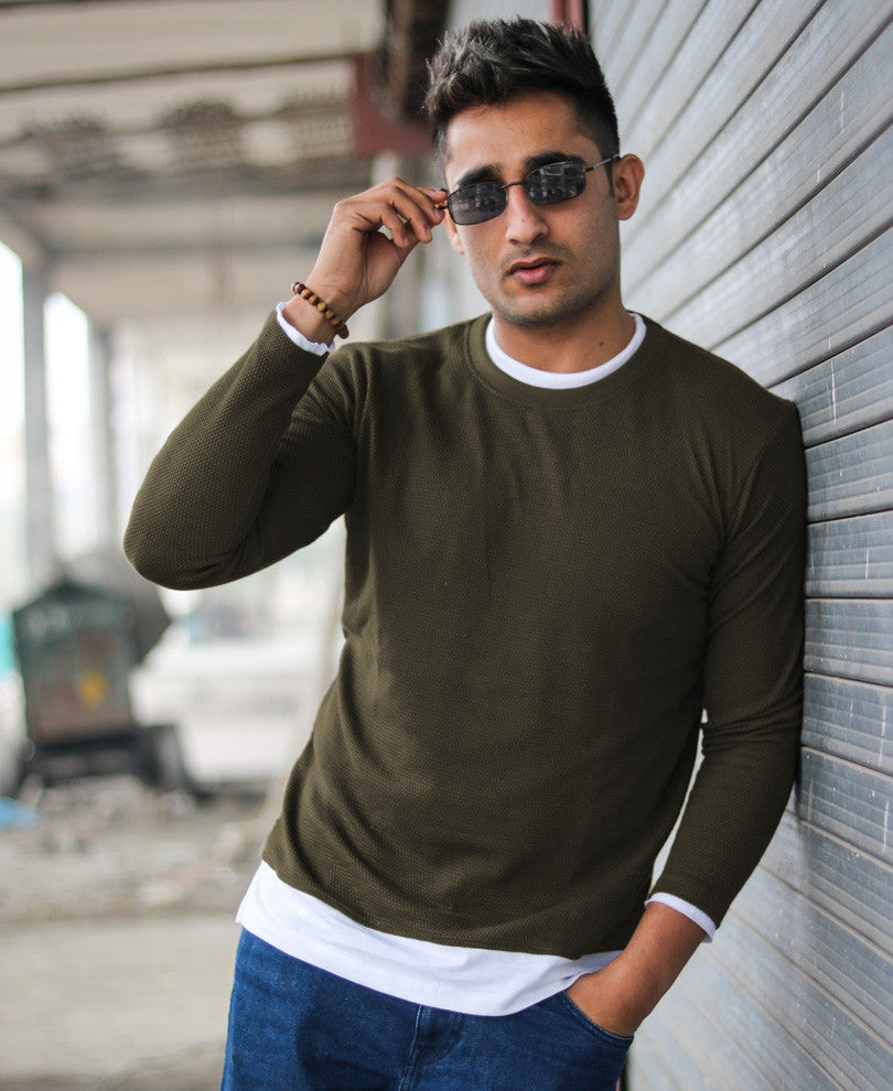 Olive Green Double Crew Neck Full Sleeves T Shirt
