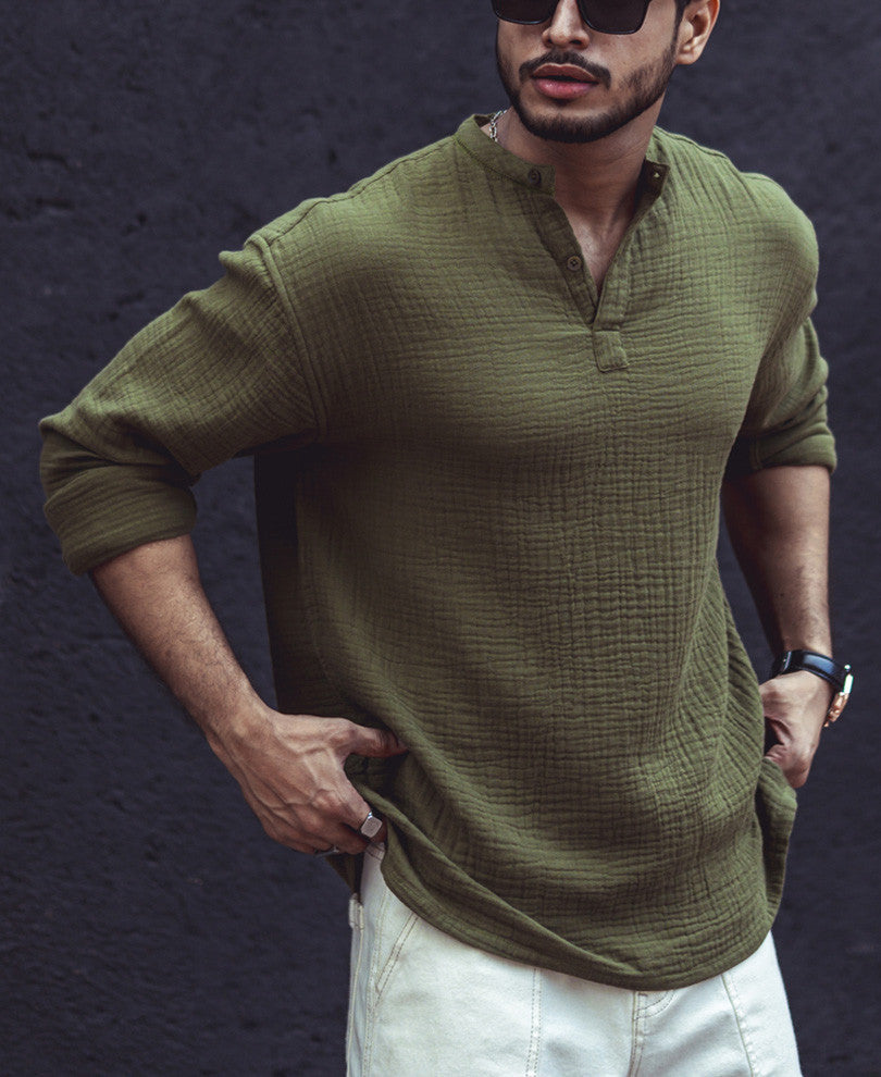 Olive Green Structured Kurta Style Oversize Drop Shoulder Shirt