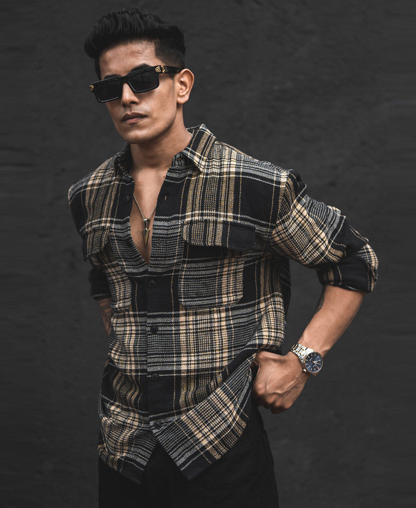 Black Structured Checks Shacket Oversized Shirt