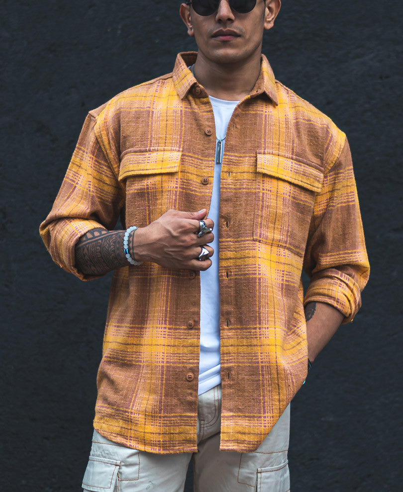 Mustard and Brown Checks Shacket Oversized Shirt