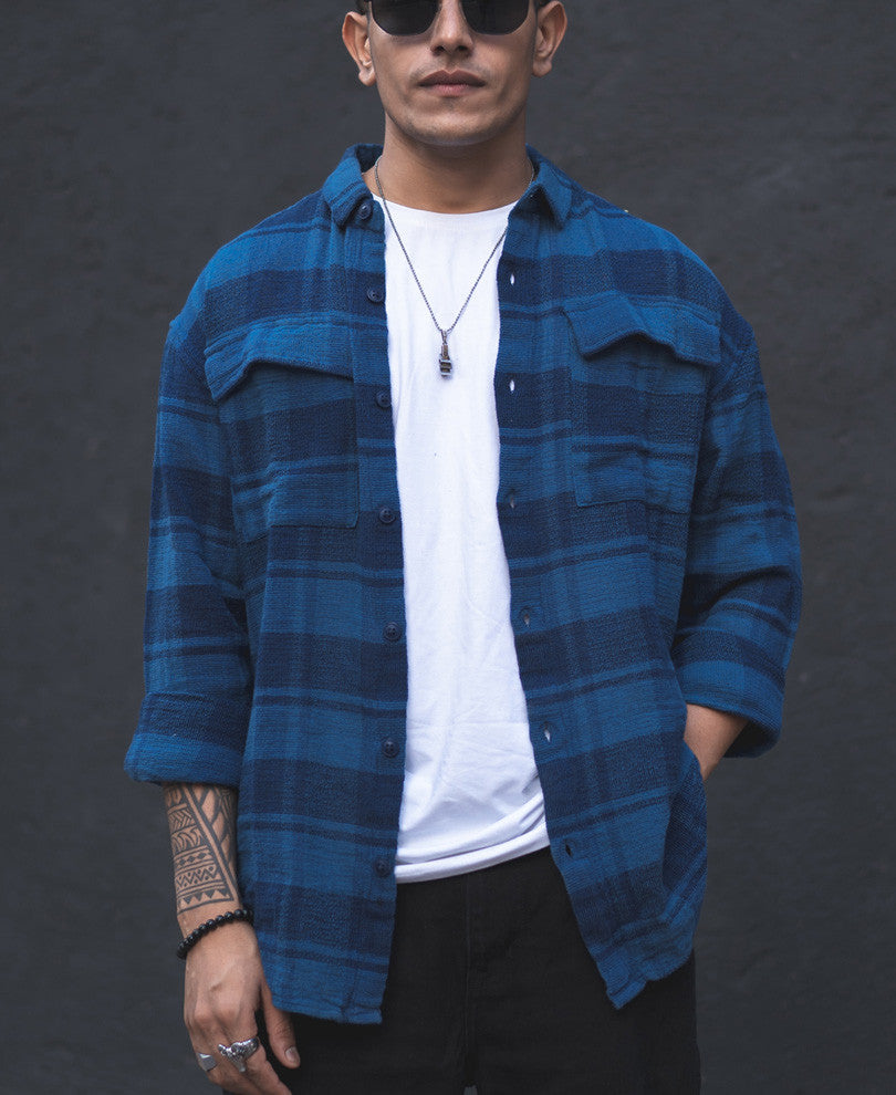 Blue Structured Checks Shacket Oversized Shirt