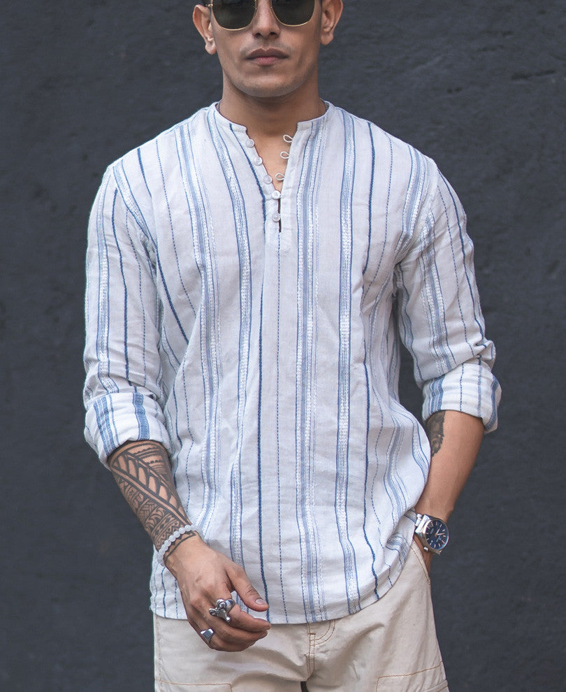 White Vertical Striped Kurta Style Shirt