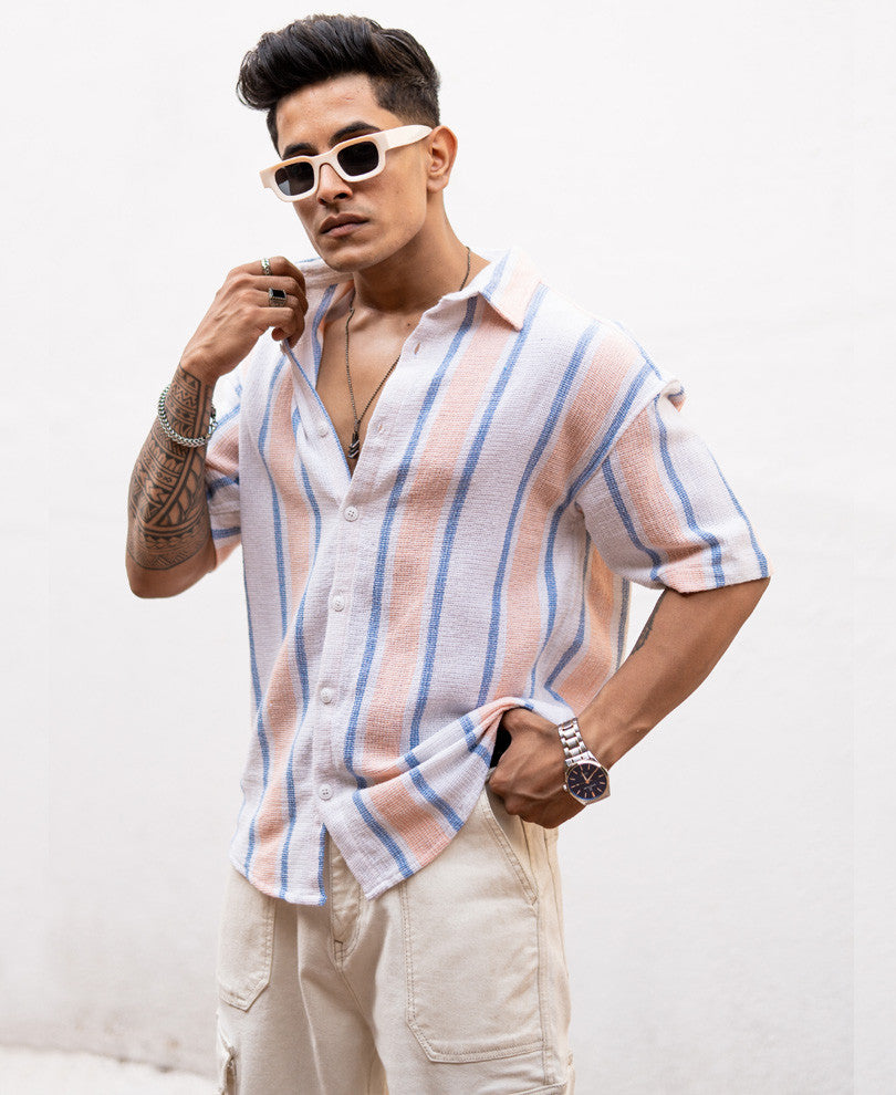 Peach Striped Structured Oversize Drop Shoulder Shirt