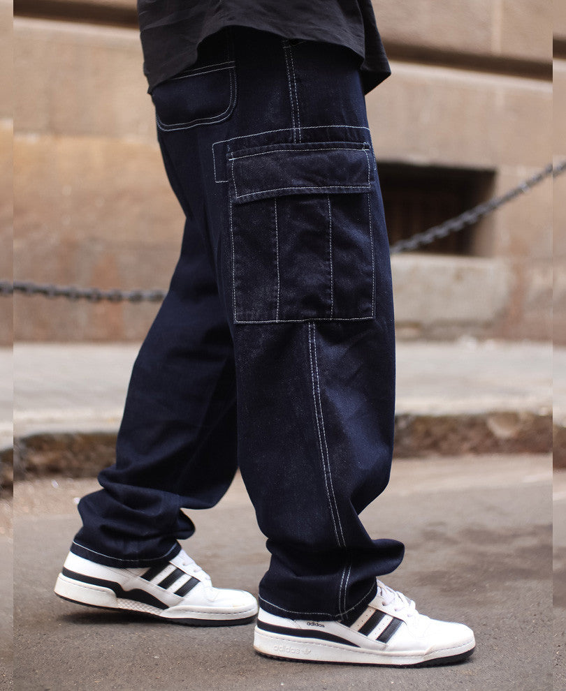 Dark Blue Contrast Stitch Carpenter Baggy Fit Jeans