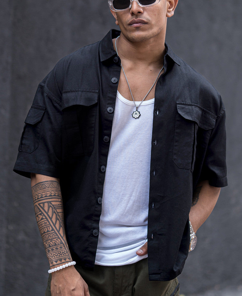 Black Three Pockets Oversize Drop Shoulder Shirt