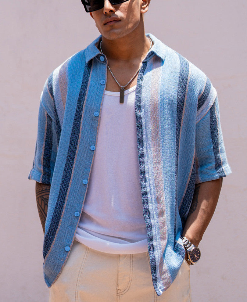 Sky Blue Striped Structured Oversize Drop Shoulder Shirt