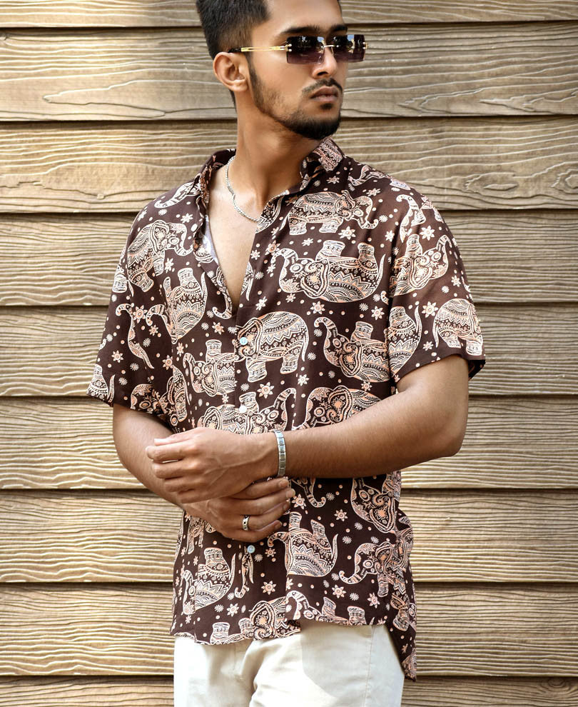 Brown Elephant Print Half Sleeves Shirt