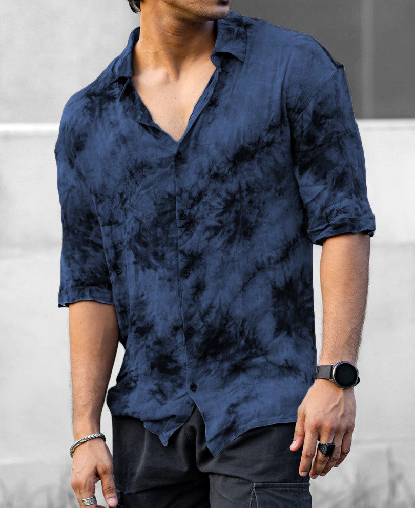 Blue Tie-Dye Print Oversize Drop Shoulder Shirt