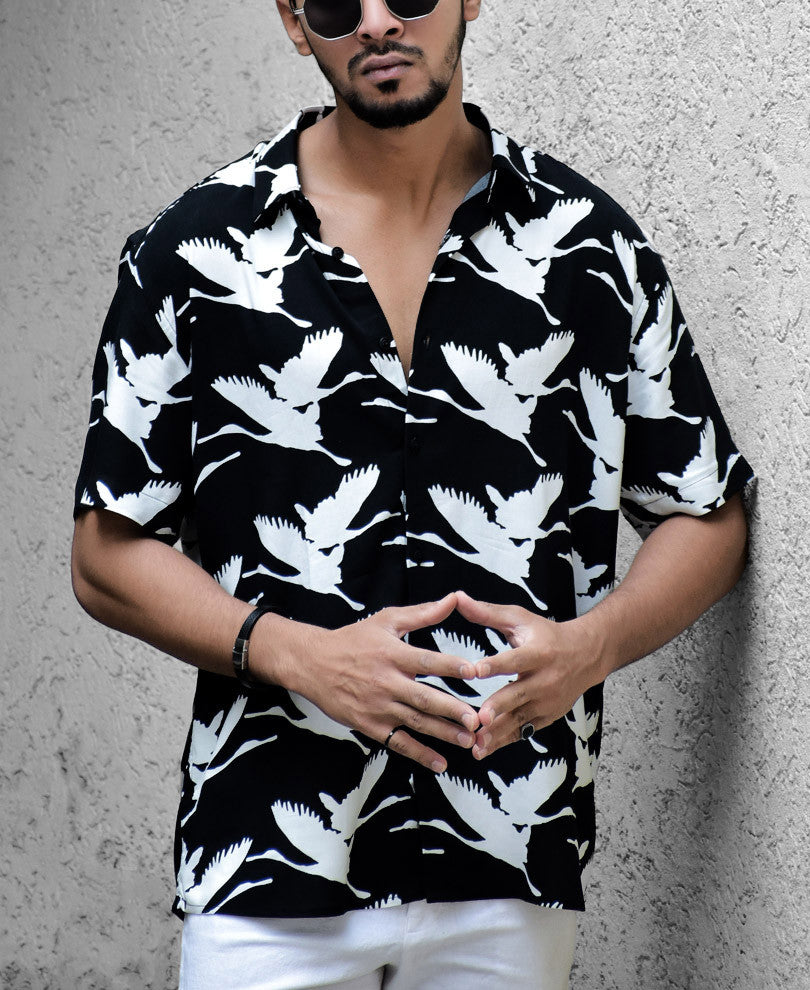 Black Swan Print Half Sleeves Shirt