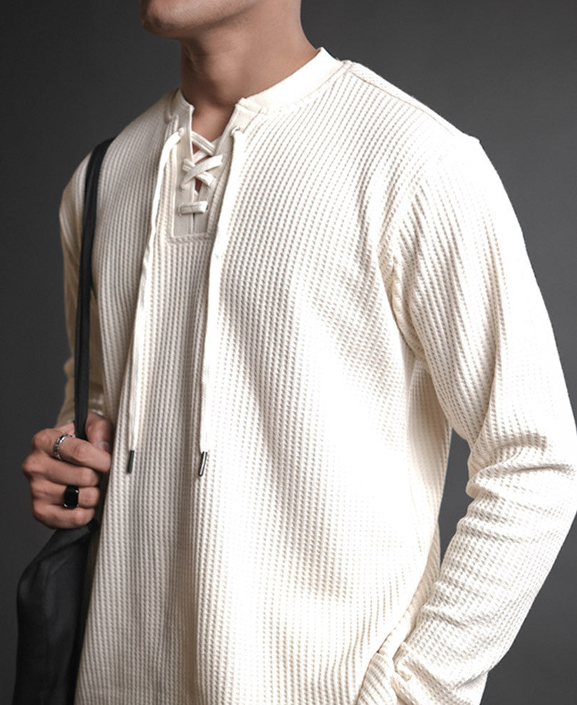 Cream Structured Full Sleeves T Shirt