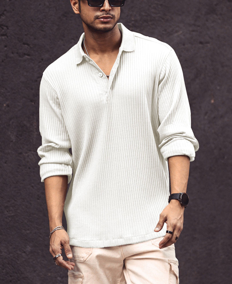 White Rib-Knit Full Sleeves T Shirt