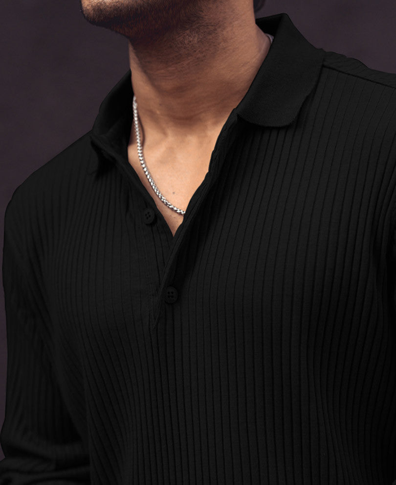 Black Rib Knit Full Sleeves T Shirt