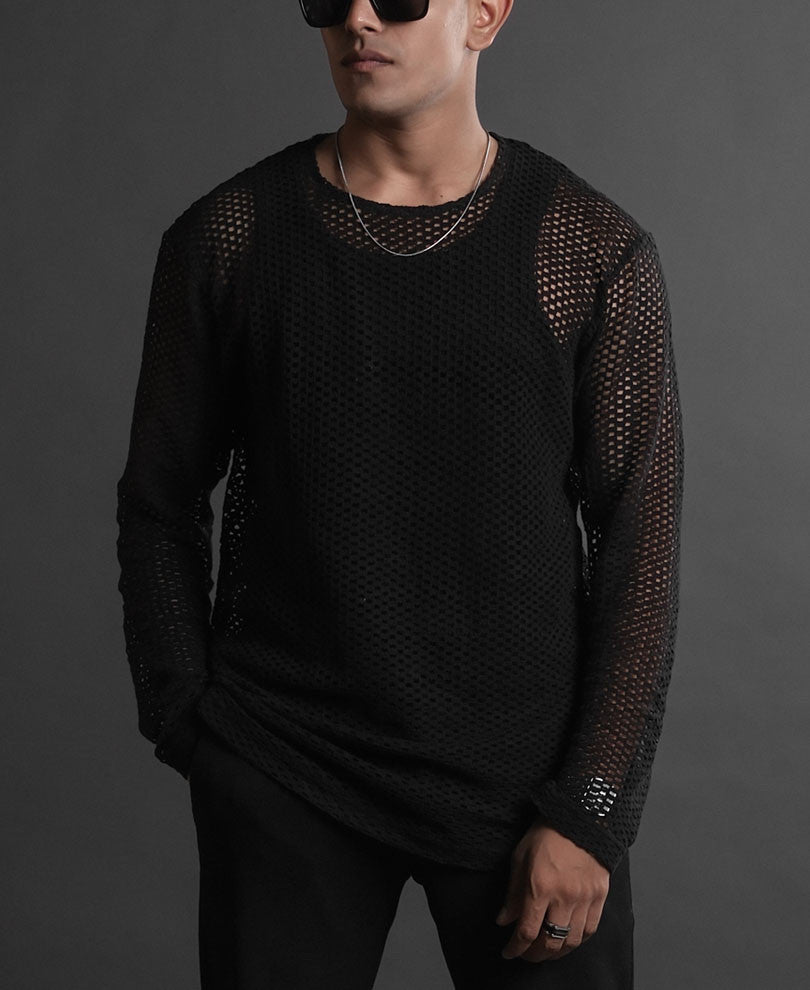 Black Crochet Full Sleeves Oversized T Shirt