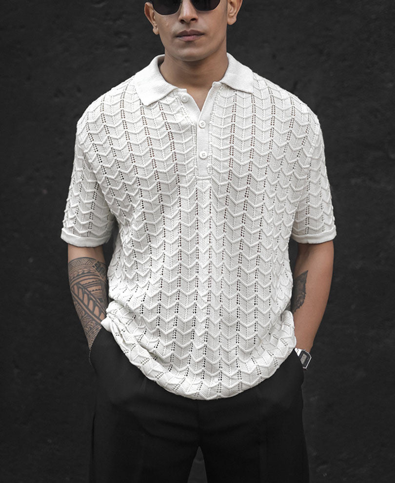 Off White Crochet Half Sleeves T Shirt