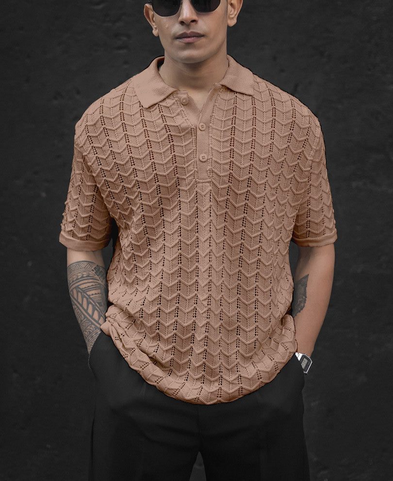 Beige Crochet Knit Half Sleeves T Shirt