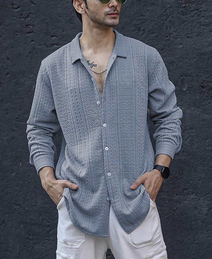 Sky Grey Structured Crochet Full Sleeves Shirt