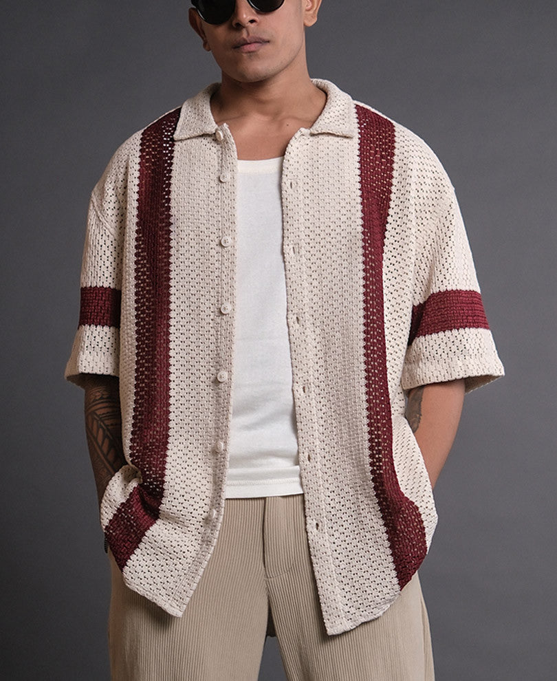 Off White and Maroon Crochet Knit Striped Oversized Shirt