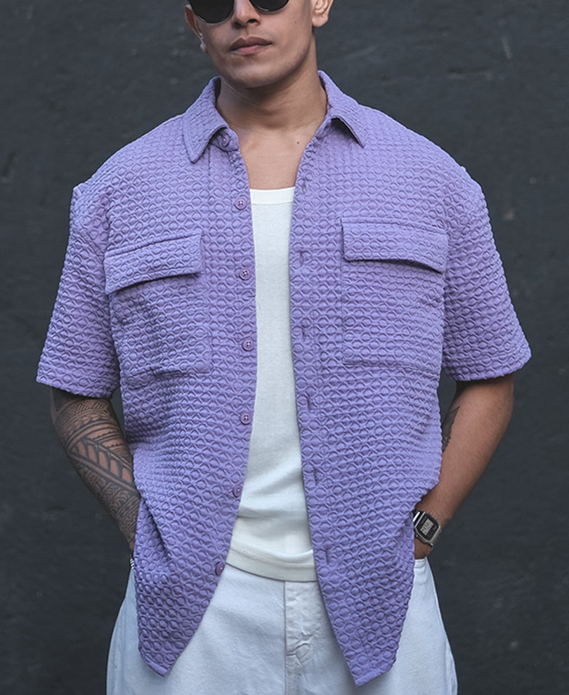 Lavender Structured Oversized  Double Pocket Half Sleeves Shirt