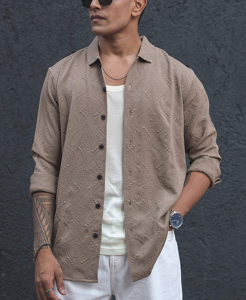 Beige Structured Regular Full Sleeves Shirt