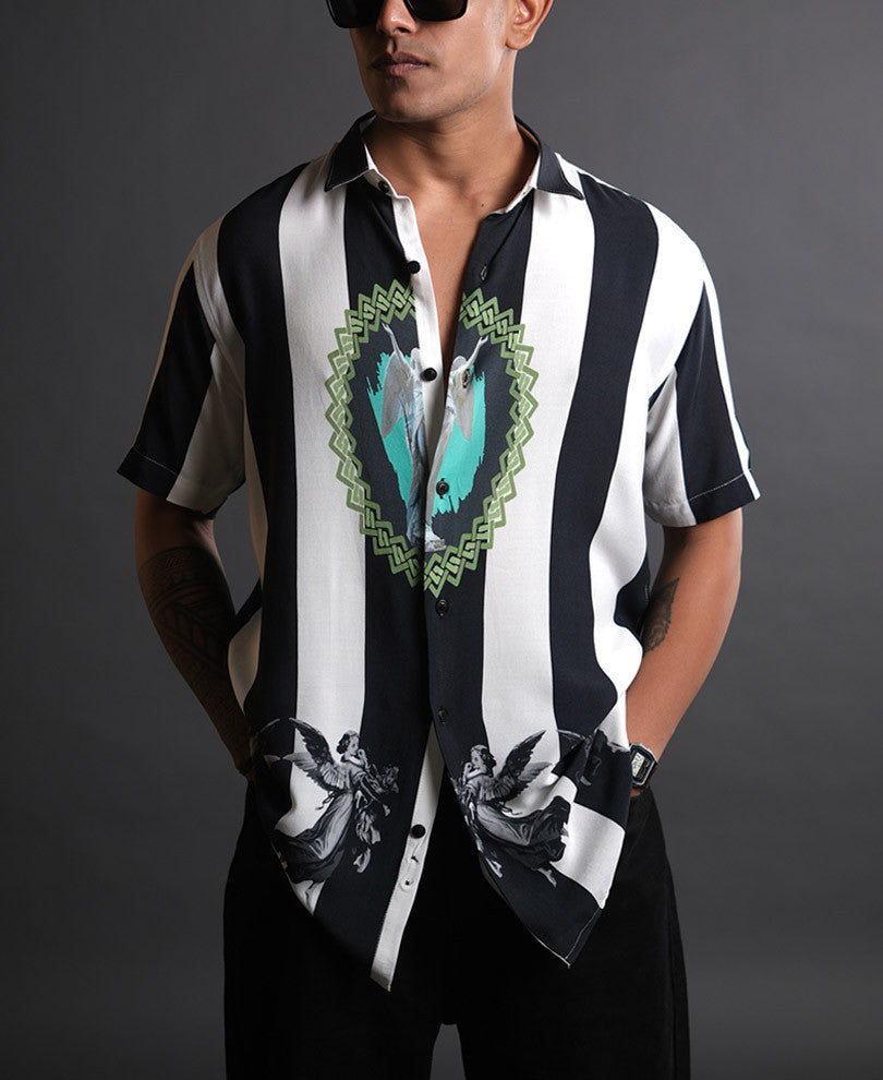 White and Black Striped Half Sleeves Shirt