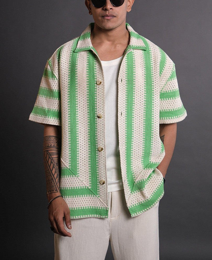 Off White and Green Crochet Knit Striped Oversized Shirt