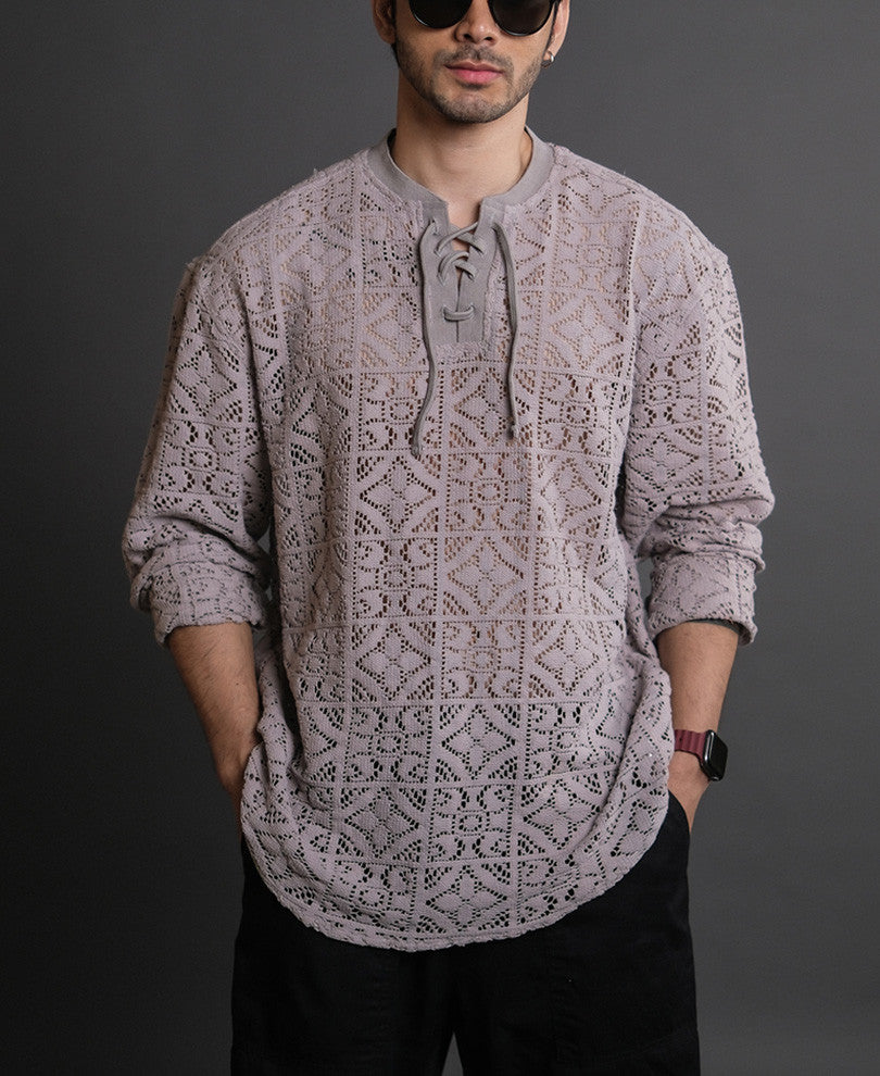 Grey Crochet Knit Oversized Kurta Style Full Sleeves Shirt