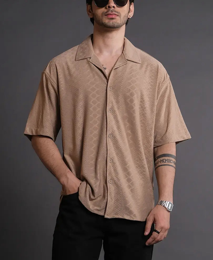 Camel Structured Oversized Half Sleeves Shirt
