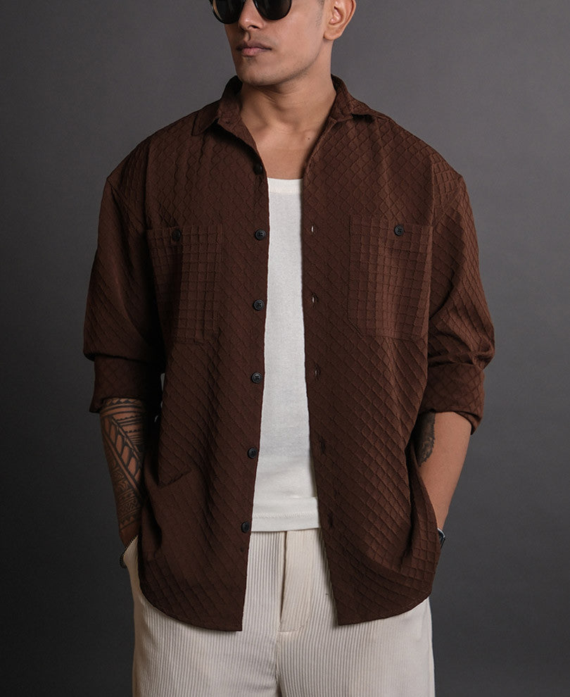 Brown Structured Oversized Full Sleeves Shirt