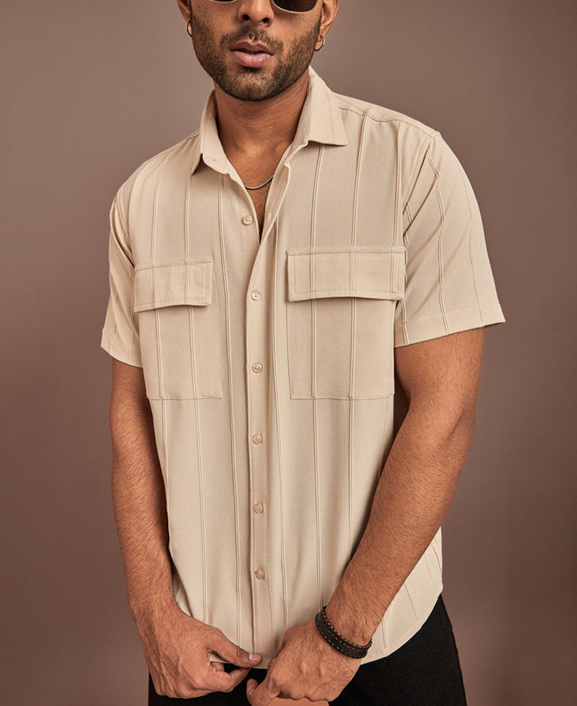Cream Structured Striped Half Sleeves Shirt