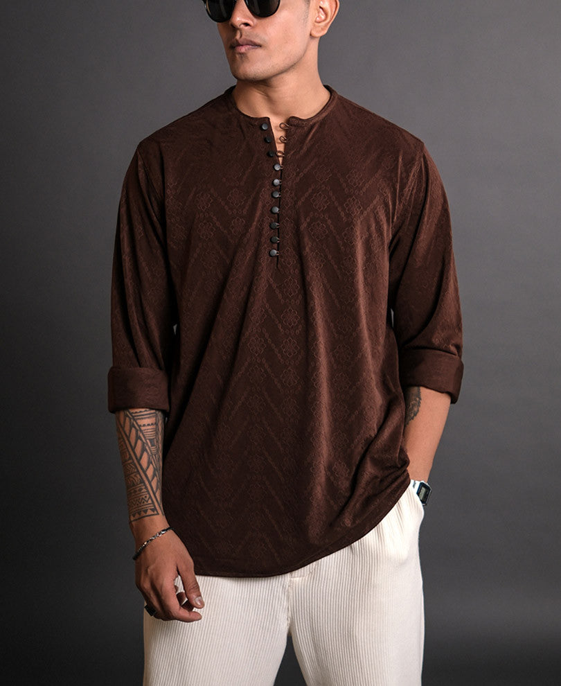 Brown Structured Kurta Style Full Sleeves Shirt