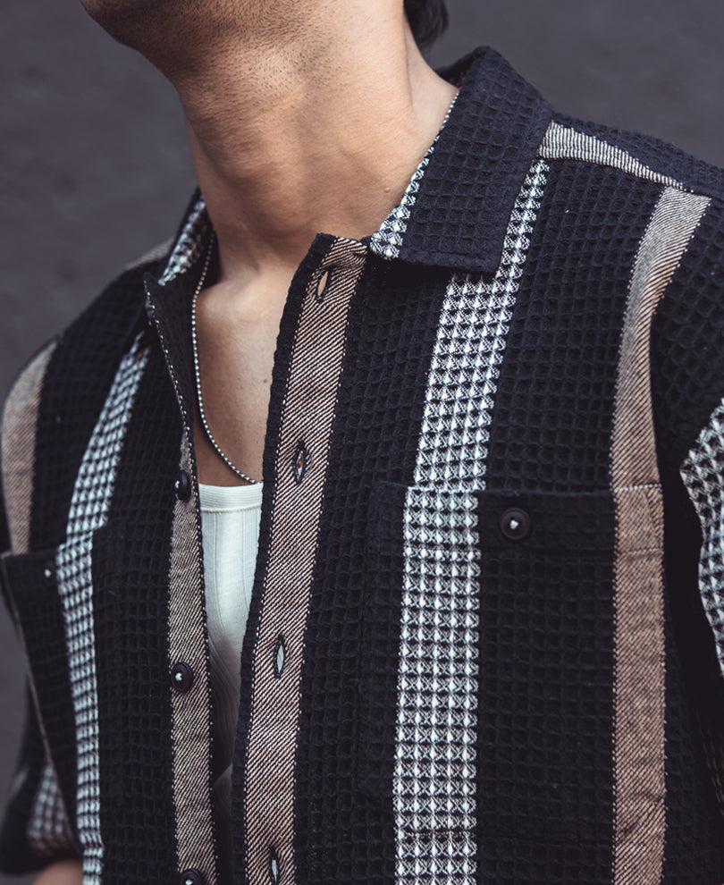 Black Structured Striped Half Sleeves Oversized Shirt