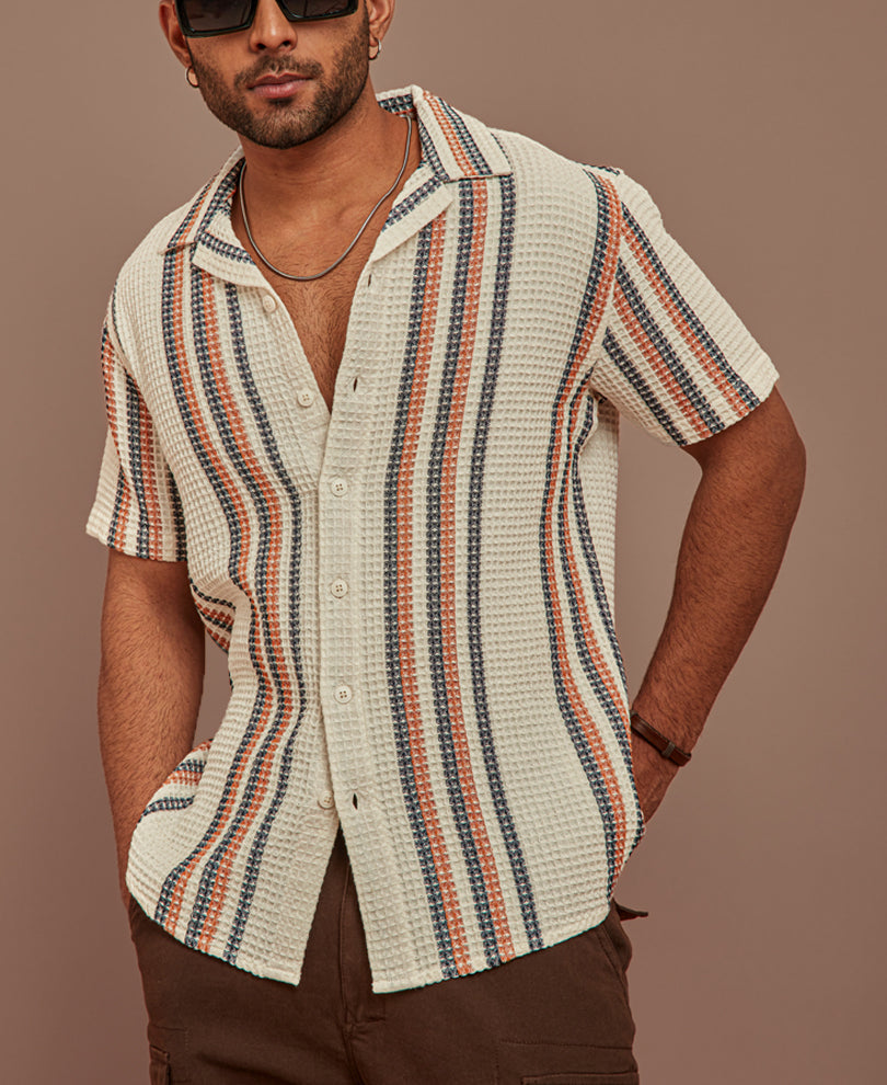 Multicolor Structured Puff Waffle Striped Half Sleeves Shirt
