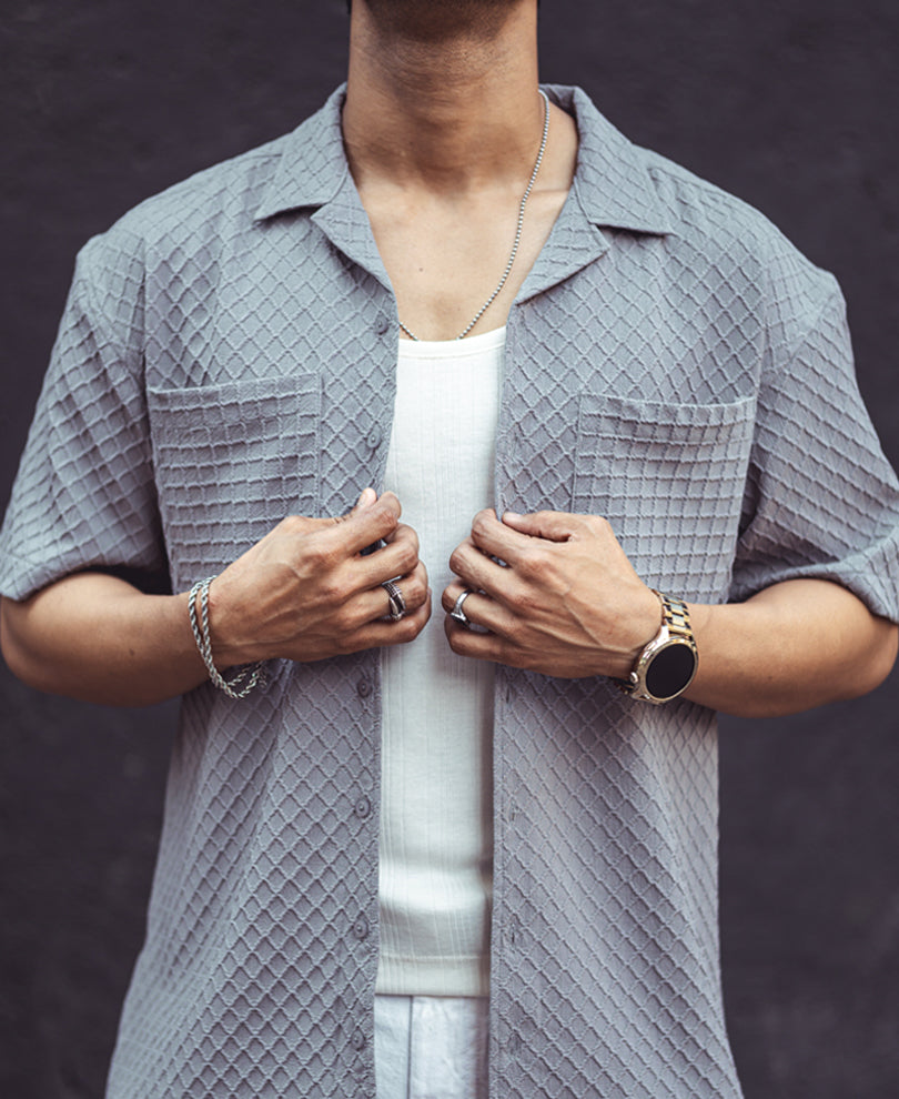 Grey Structured Oversized Double Pocket Half Sleeves Shirt
