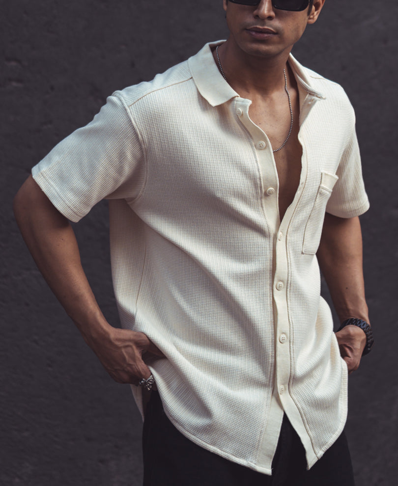 Cream Structured Half Sleeves Shirt