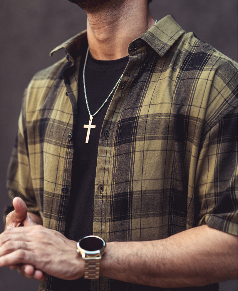 Olive Green Checks Print Half Sleeves Shirt