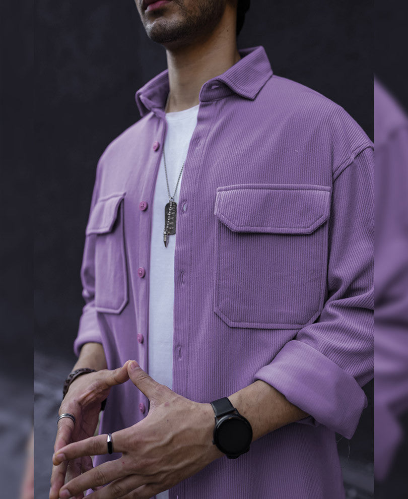 Purple Chest Pocket Shacket Oversize Drop Shoulder Shirt
