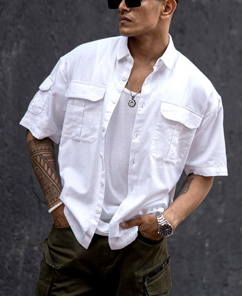 White Three Pockets Oversize Drop Shoulder Shirt