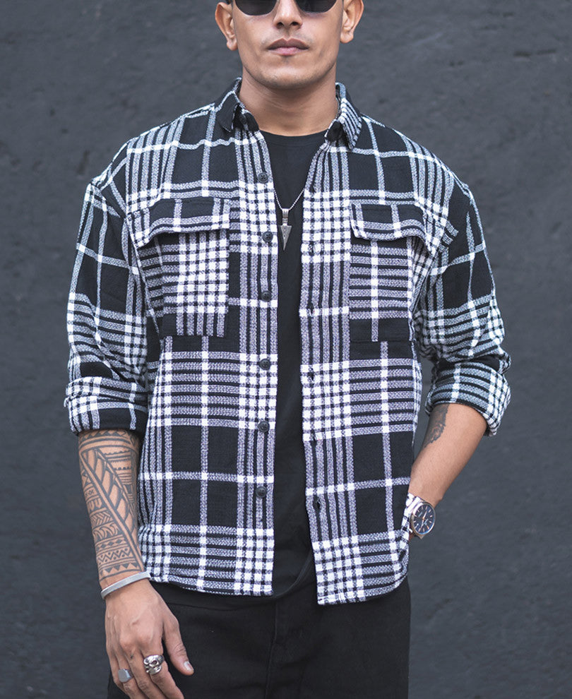 Black Plaid Checks Oversize Drop Shoulder Shirt