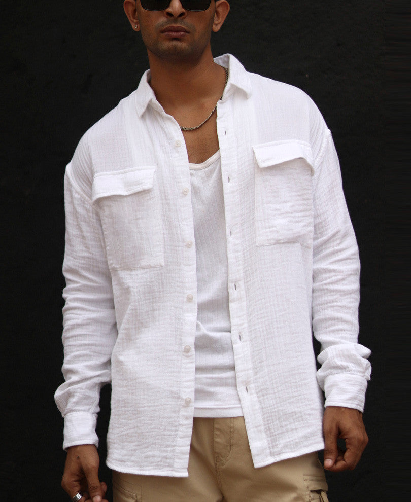 White Textured Oversize Drop Shoulder Shirt
